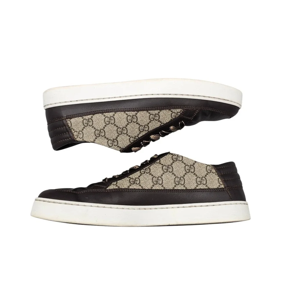Gucci Mens GG Supreme Brown Leather Low Top Sneakers 411858 Size 9.5 US